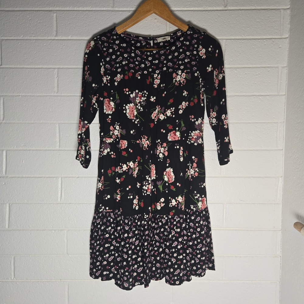 Fat Face Moody‎ Floral Tiered Mini Dress 6 Pink Boho Crinkle Mixed Print Pockets